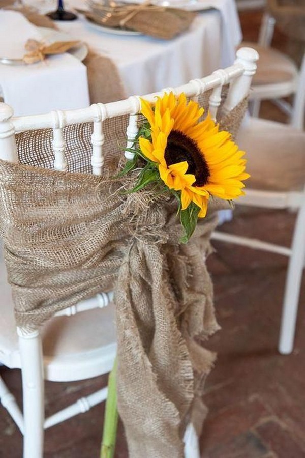 rustic wedding chair decoration ideas with sunflower and burlap