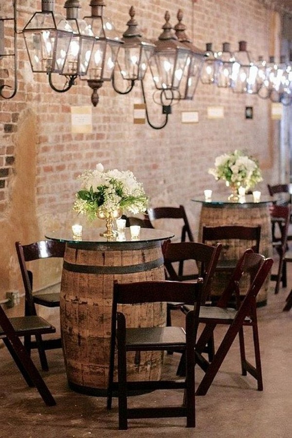 rustic wedding cocktail tables with wine barrels