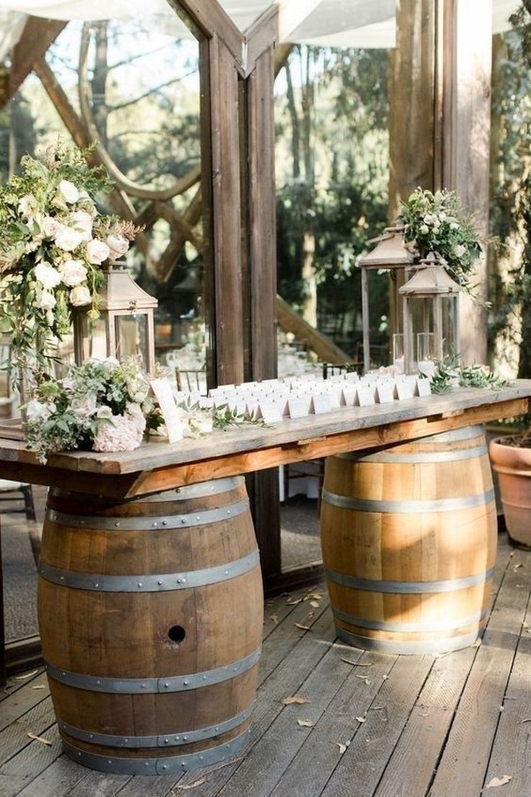 rustic wedding reception decorations with wine barrels