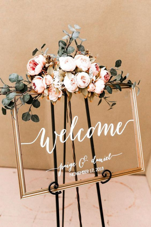 chic acrylic wedding welcome sign with floral