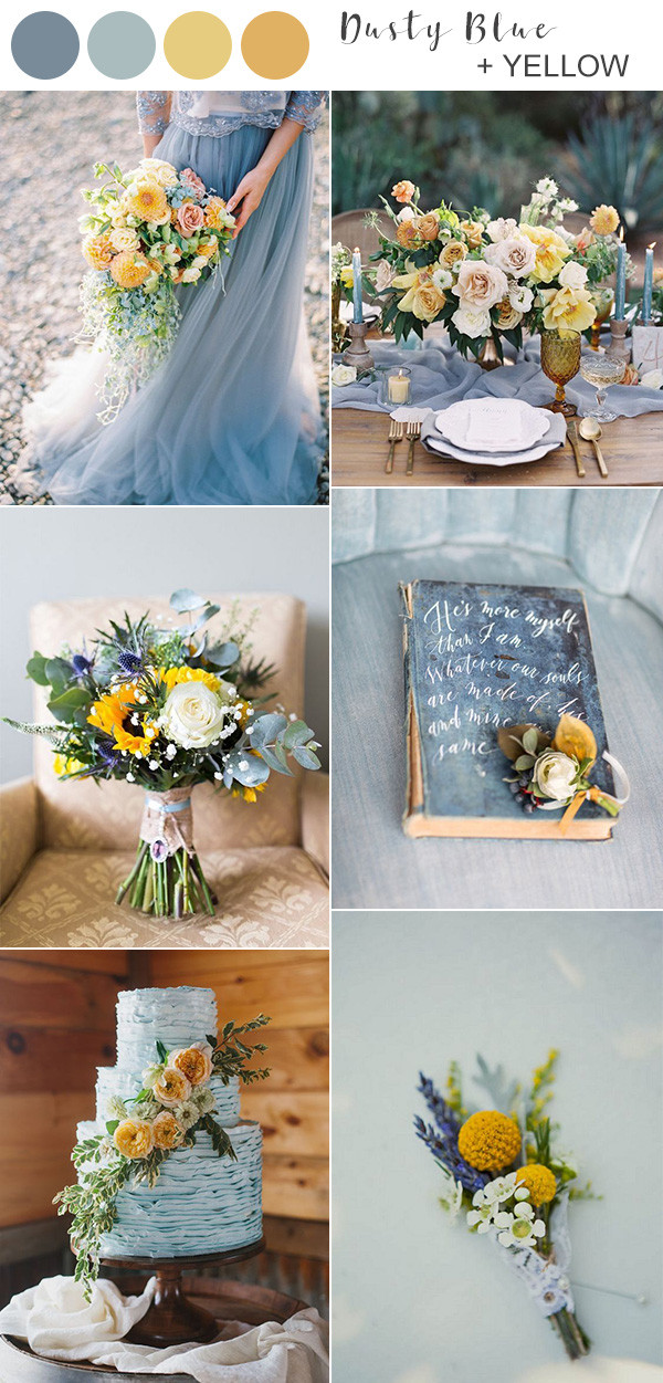 Ideas for wedding colors in the spring and summer that incorporate a dusty blue and a yellow palette.