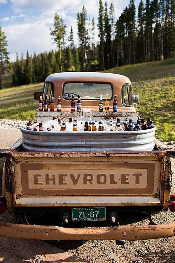 country rustic wedding drink station in a chevrolet