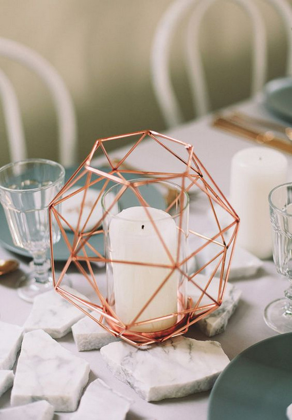 modern chic rose gold wedding centerpiece ideas with candles