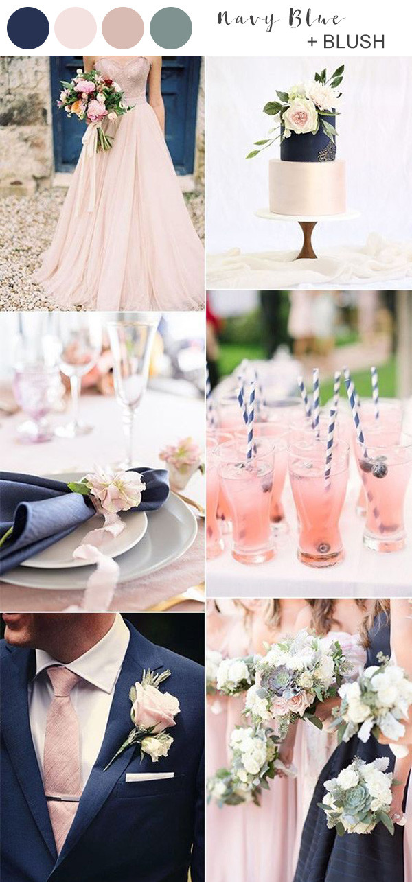 The wedding color scheme of navy blue and pink creates a look that is both traditional and modern with a feminine touch.