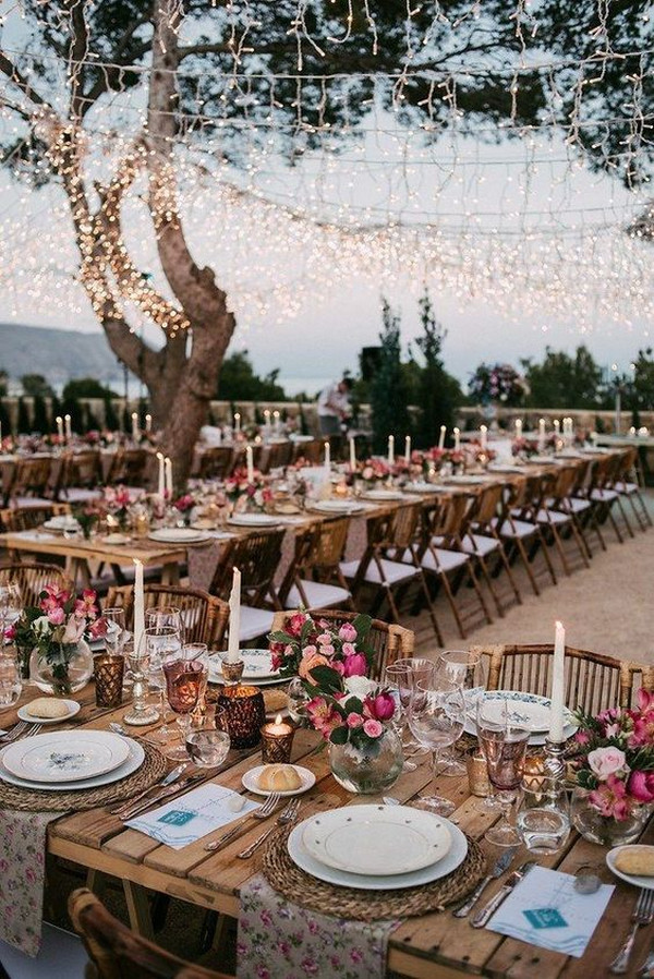 outdoor rustic wedding reception ideas with string lights
