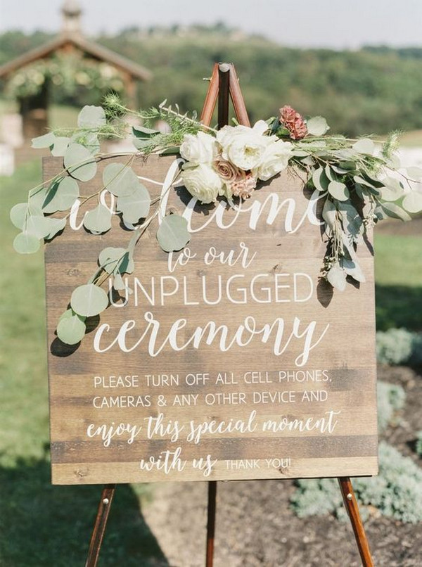 wood unplugged wedding sign for ceremony