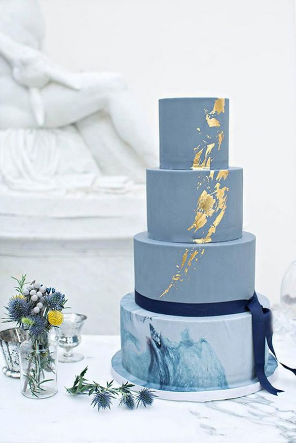 blue and gold wedding cake ideas with ribbon and centerpieces