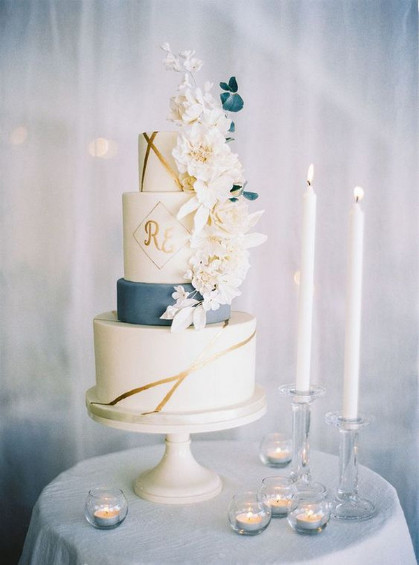 dusty blue and gold chic wedding cake