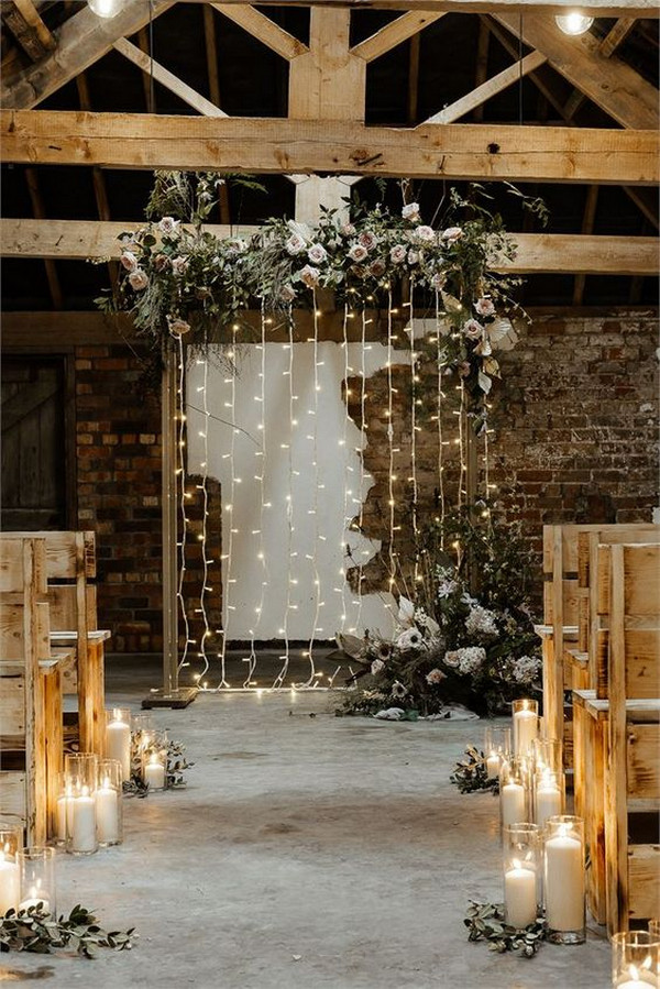 rustic barn wedding backdrop ideas with string lights