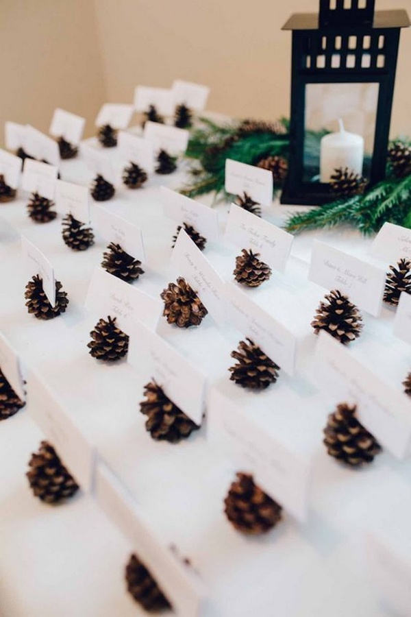 Pine cone escort name card holders for winter wedding ideas
