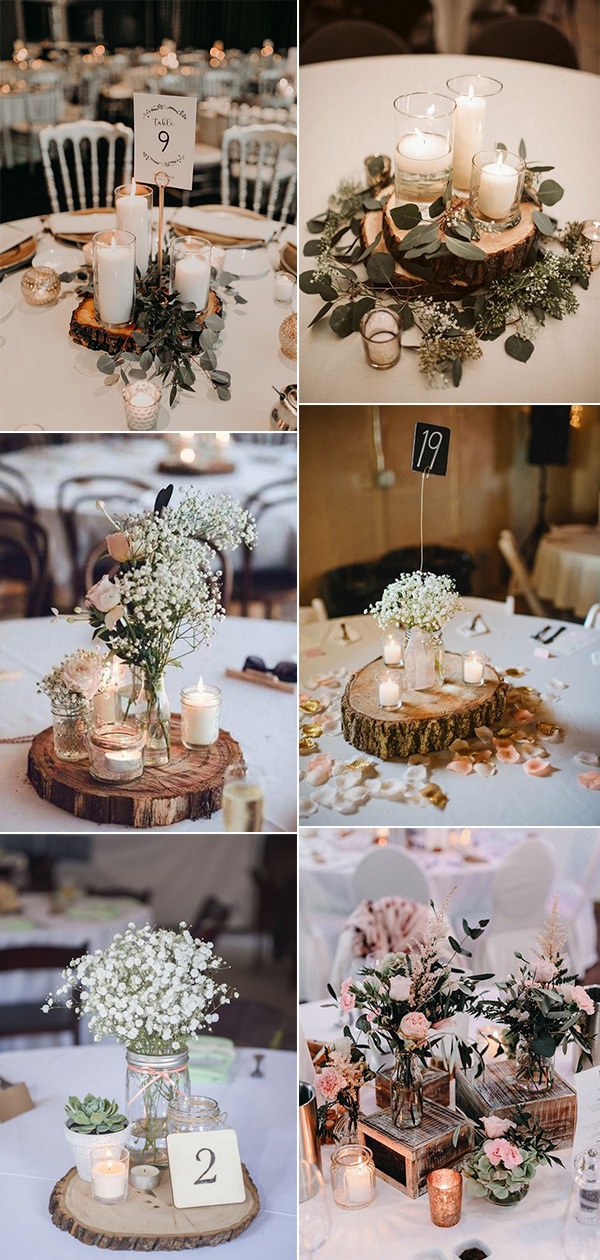 chic rustic wedding centerpieces with candles and tree stumps