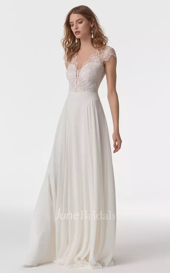 Graceful and elegant A-line chiffon Mexican wedding dress with illusion cap sleeves and delicate lace detailing, perfect for a simple yet stunning look.