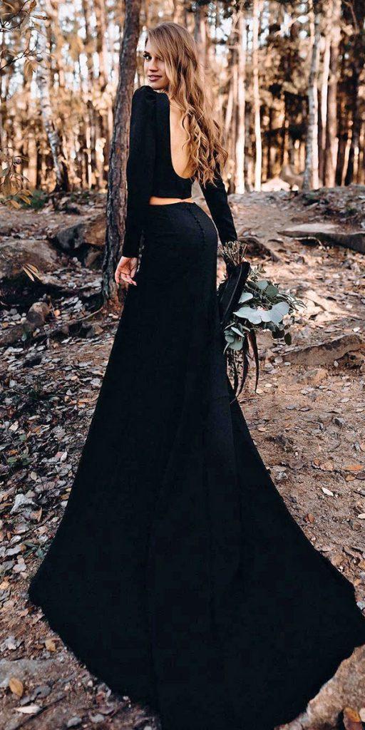 Silk crop top black wedding dress with puff sleeves and a gorgeous open back with buttons and stunning floor-length mermaid fitted crepe skirt.