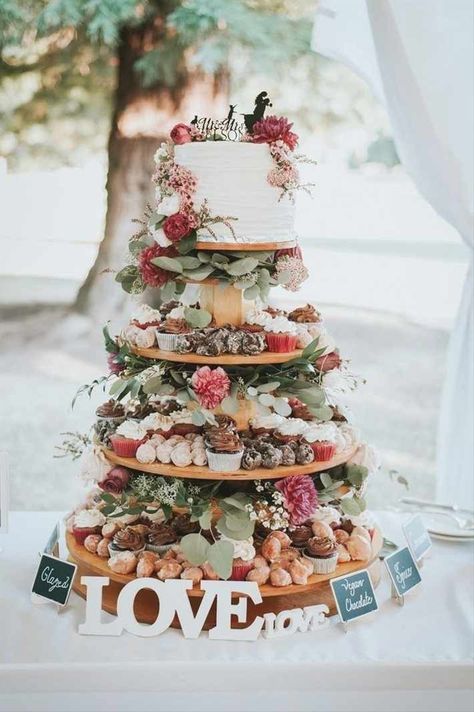 delicious handwritten labeled wedding dessert bar with tiered cake