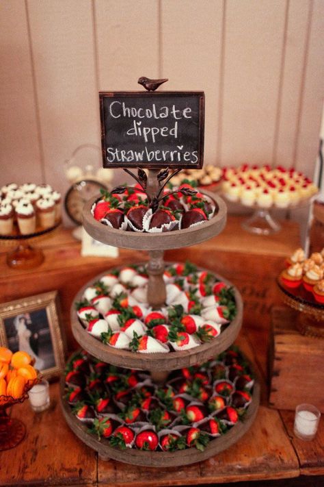 It’s a great idea to fill a wedding dessert bar with chocolate-covered strawberries 