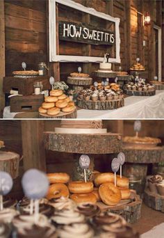 A doughnut and cupcake dessert bar at rustic wedding will satisfy your sweet tooth.