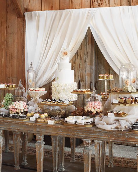 A dessert table full of favorites with vanilla-and-sour-cream wedding cake