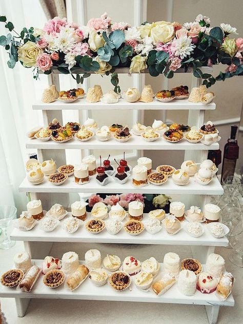 Wedding reception dessert bar featuring sweets, candies, dessert, cupcakes, muffins, cakes, eclairs and flowers.