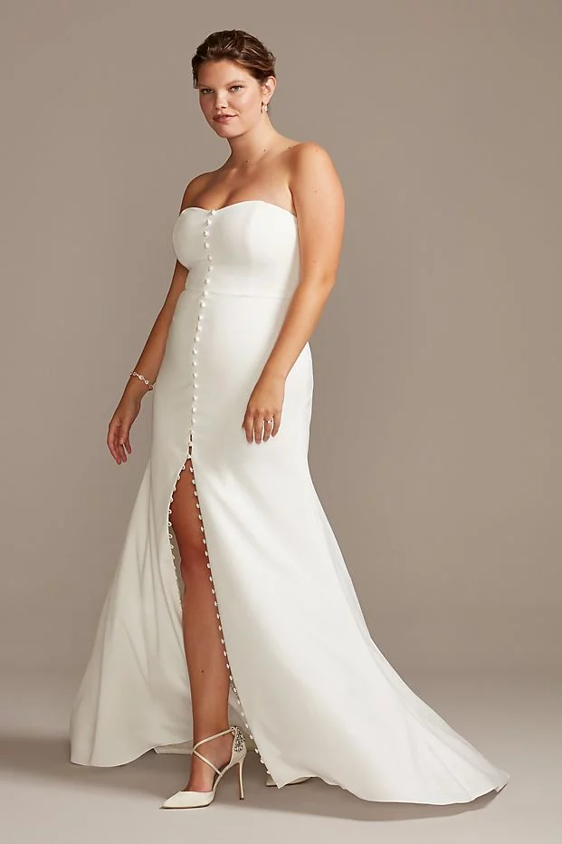David Bridal Button Front Strapless Plus Size Wedding Dress