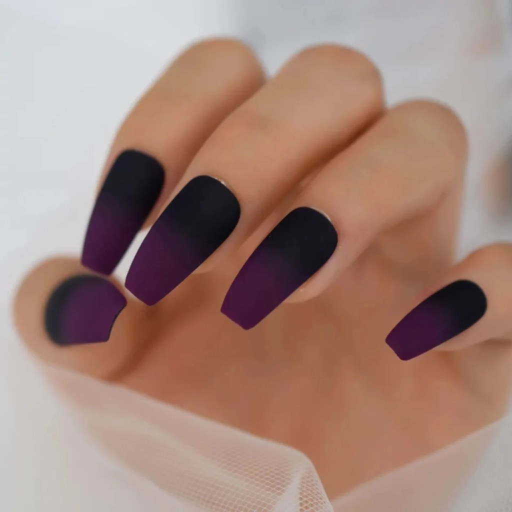 coffin gothic bridal nail designs in matte purple