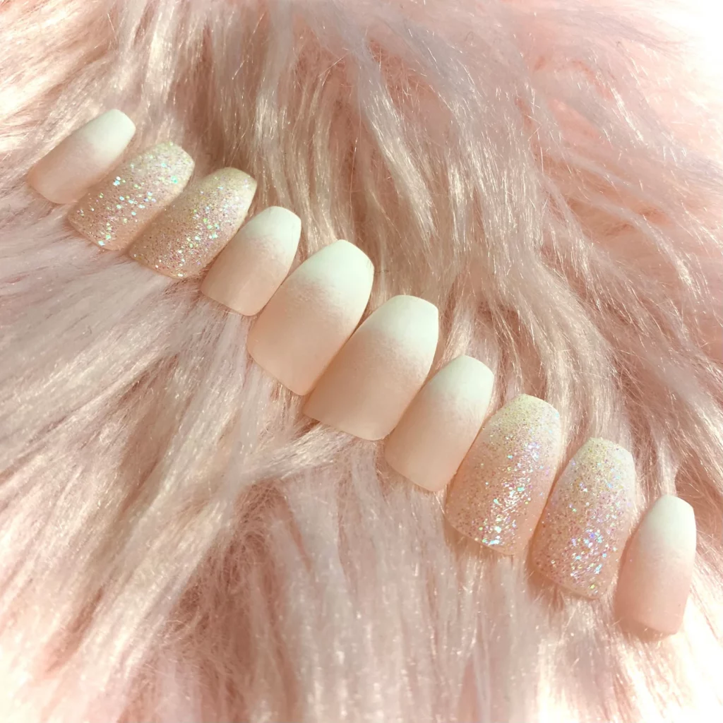 Wedding Ombré French Tip Coffin Press On Nails with Glitter Accents