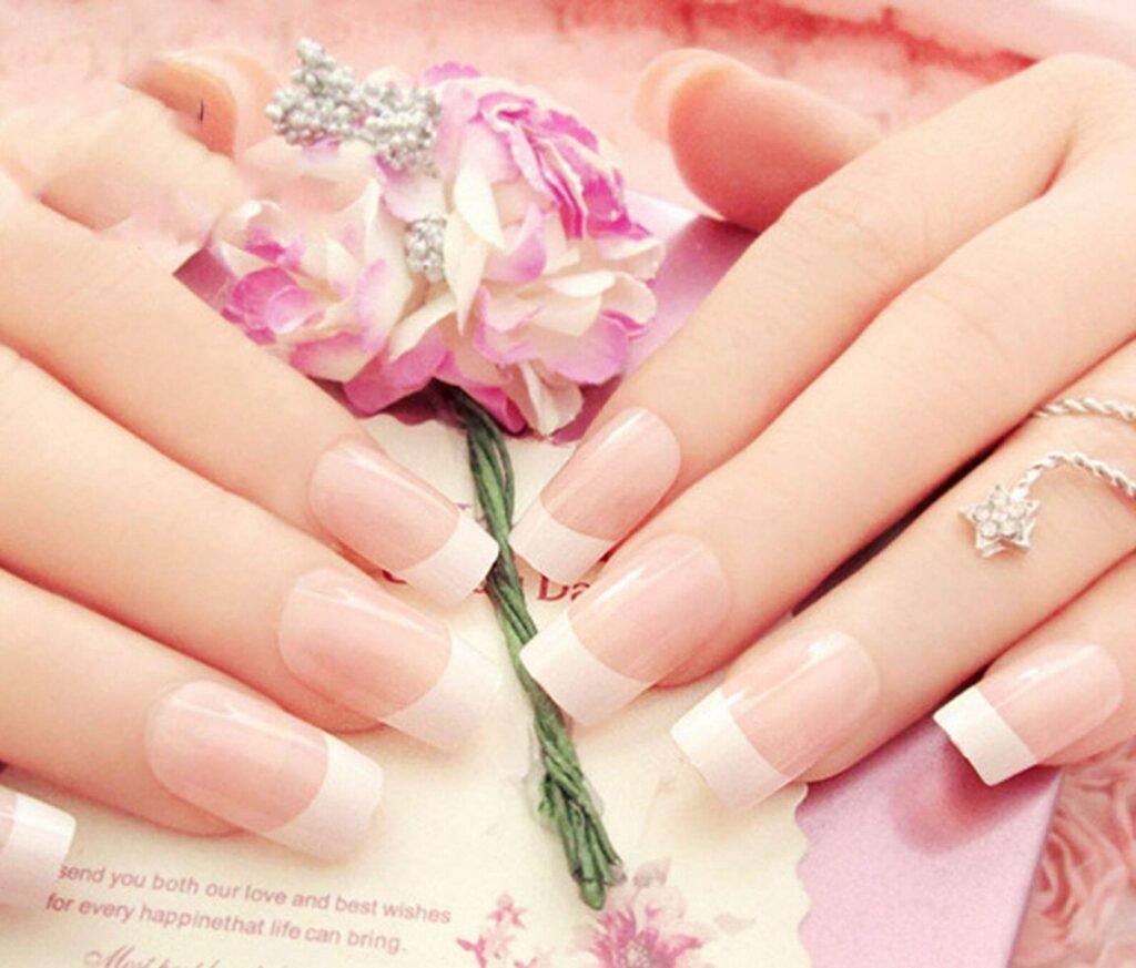 nude pink natural French bridal manicure