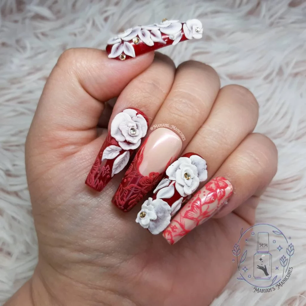 royal red lace acrylic wedding nails ideas
