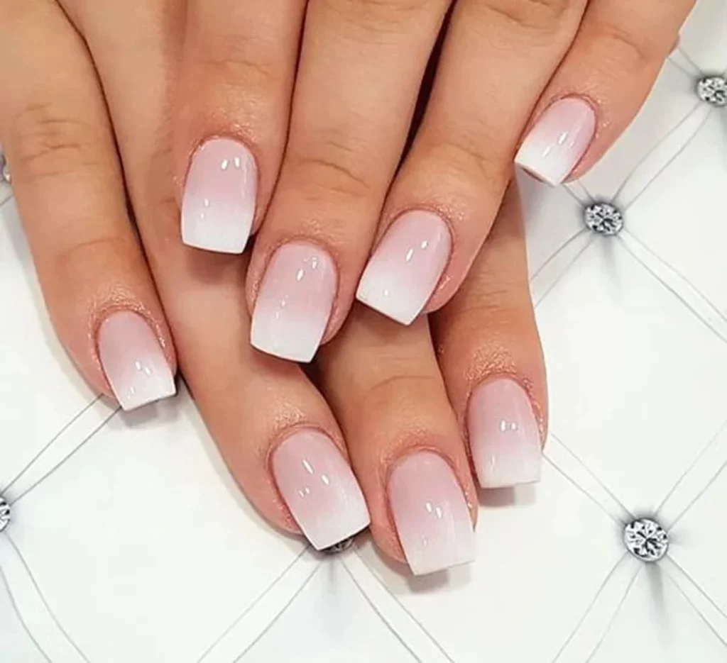 glossy pink short ombre bridal nails art