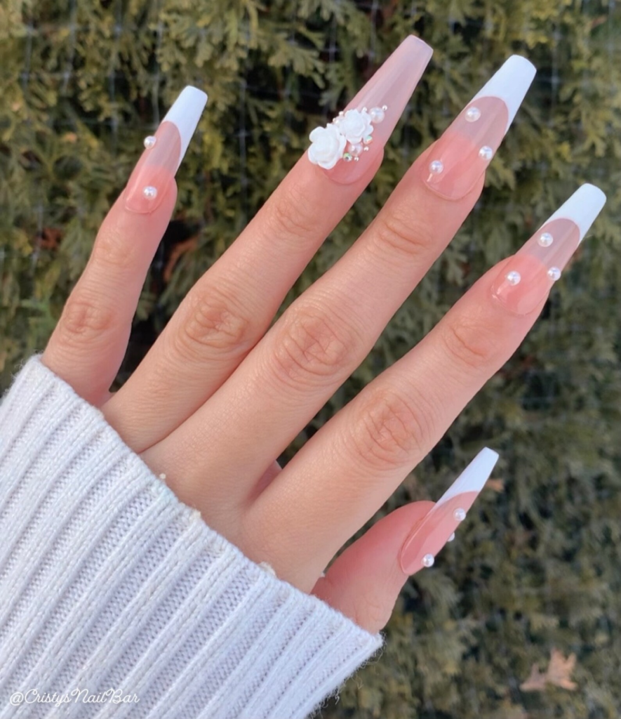 Pearl French tip wedding nails for bride