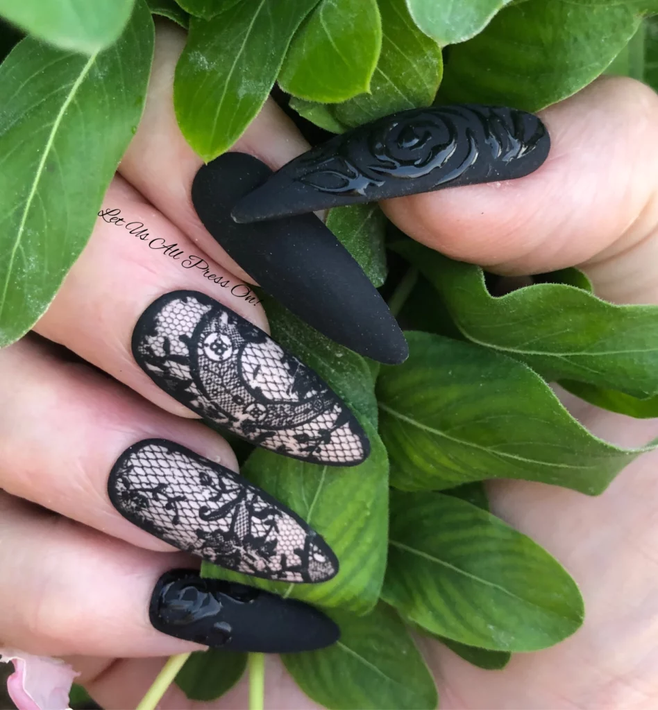 Black Lace and Roses Press On Bridal Nails
