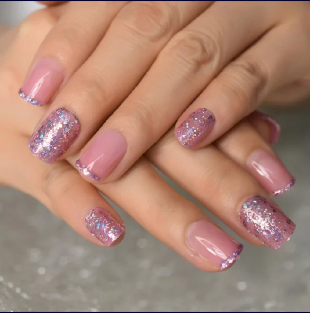nude pink and purple sparkle glitter wedding nails