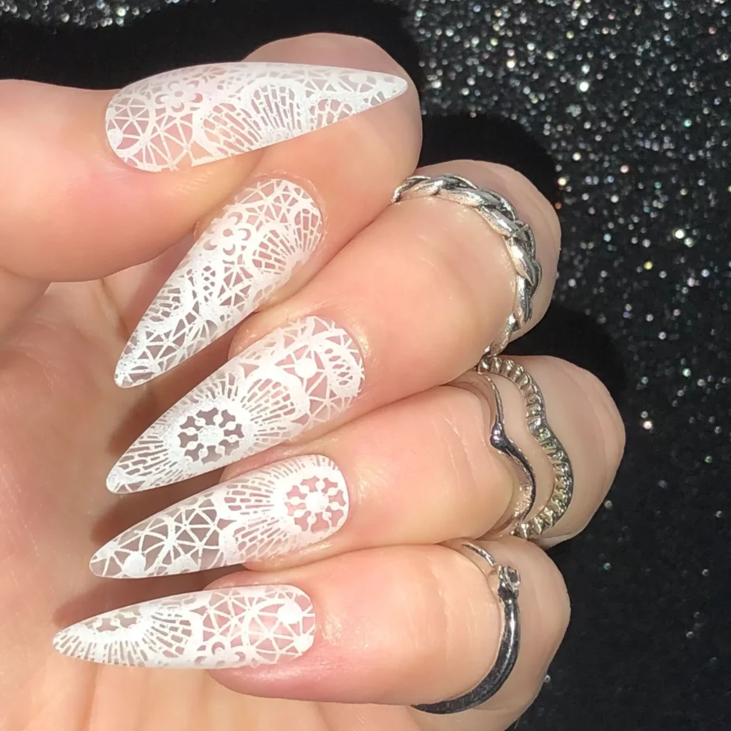 "Lovely Lace" stiletto bridal nail designs