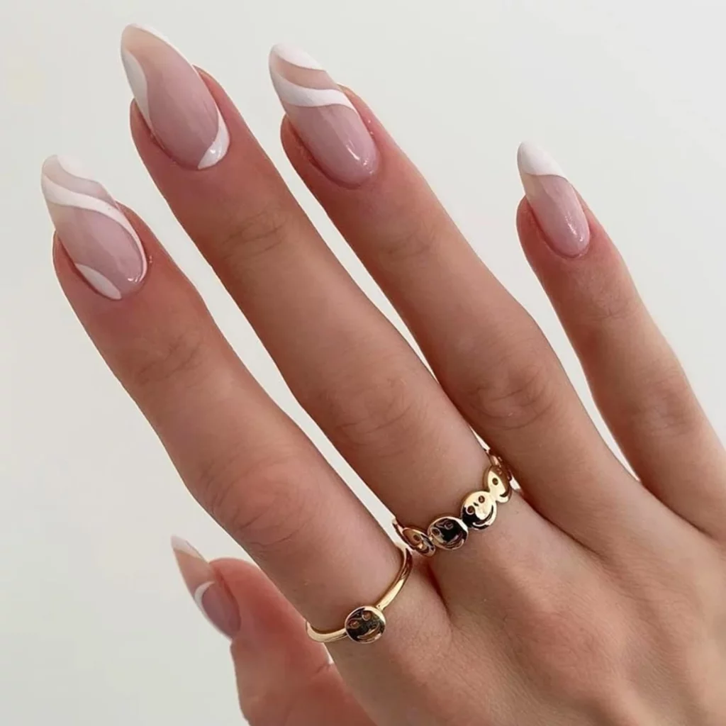 white stripes and nude bridal nail designs
