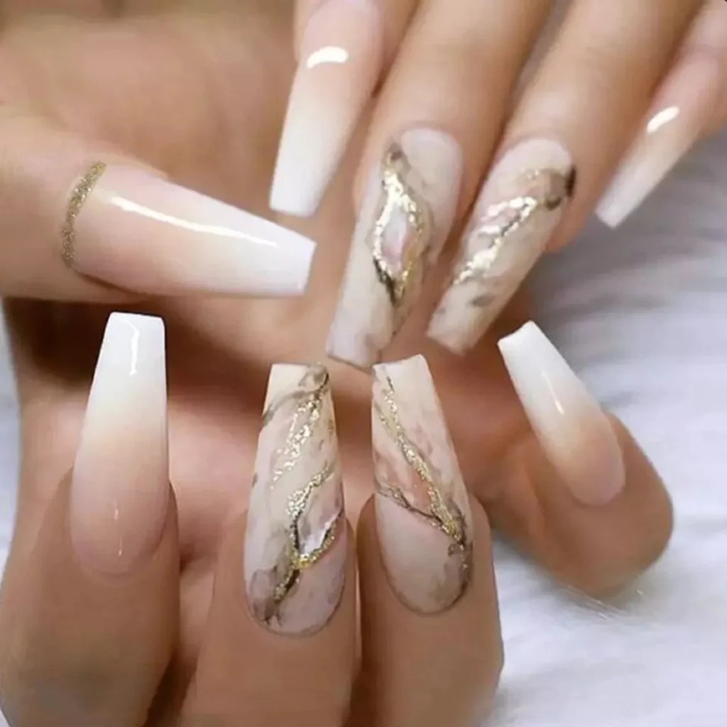 24 Ombre Marble gold Long Coffin Press on nails
