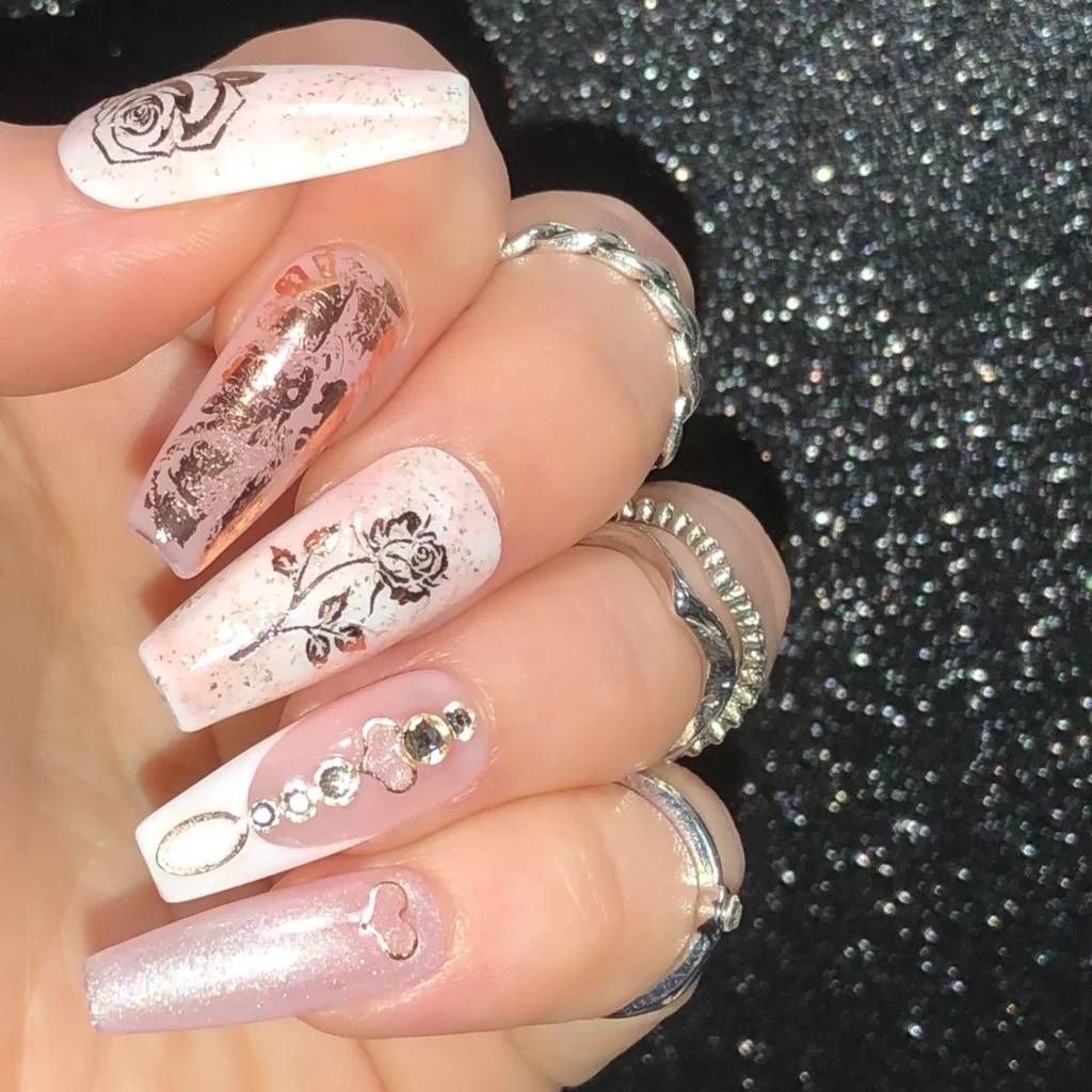 rose French manicure with rhinestone wedding nails