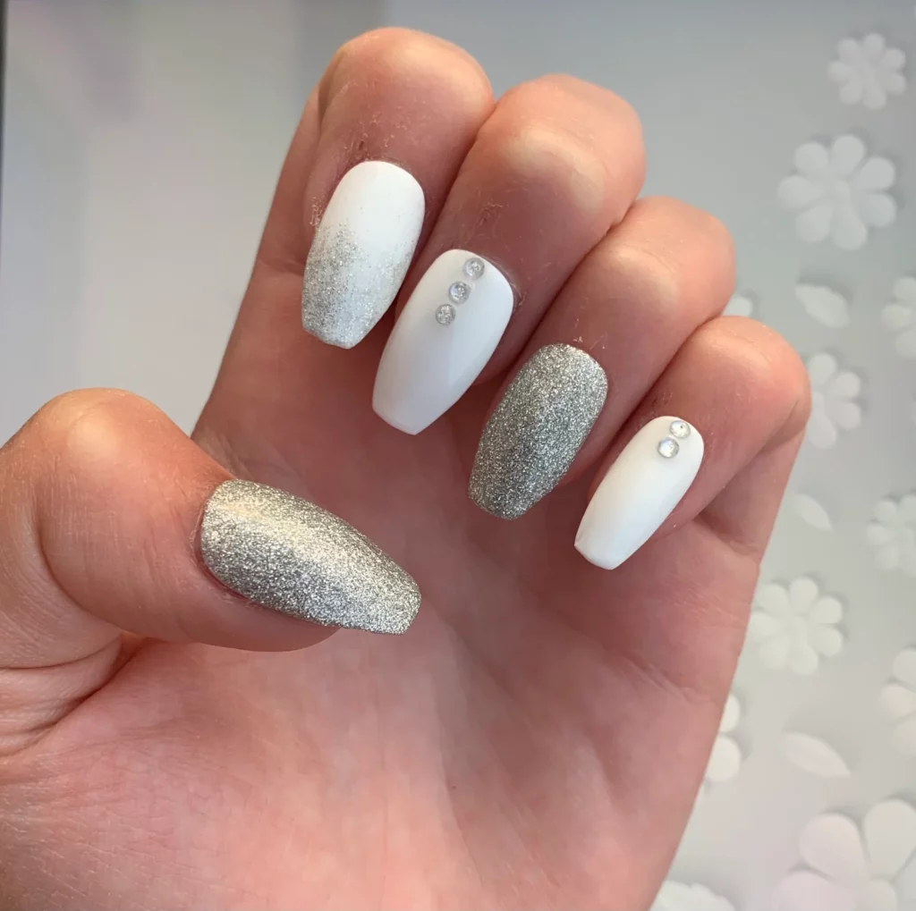 milky white and silver sparkling wedding nails ideas