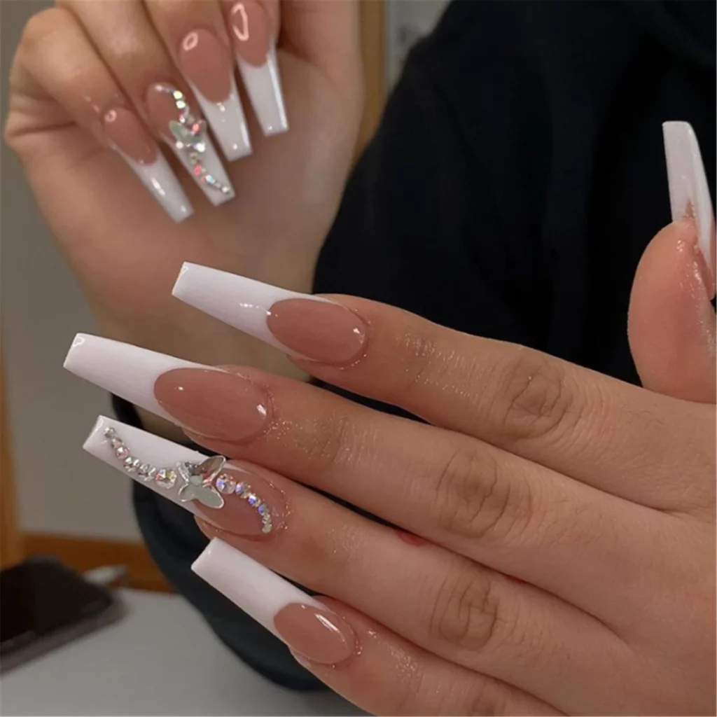 pink and white French tip bridal nail art