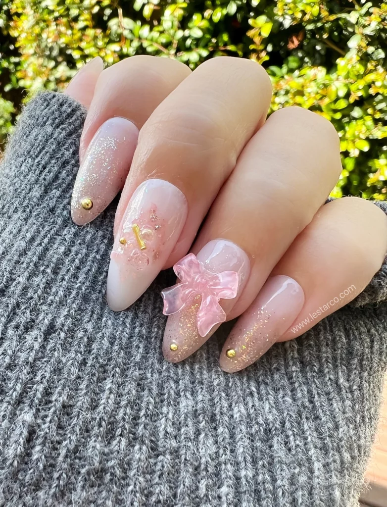 Reusable Pink Crystal and Bow Bridal Nails with Color Changes under sun