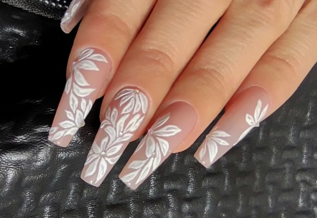 nude floral bridal coffin nail design