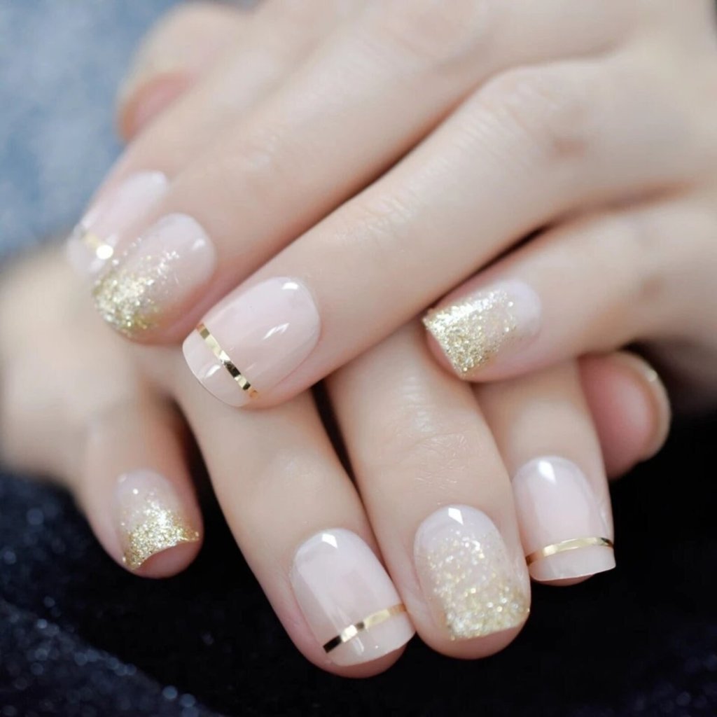 negative space gold sparkle bridal nails