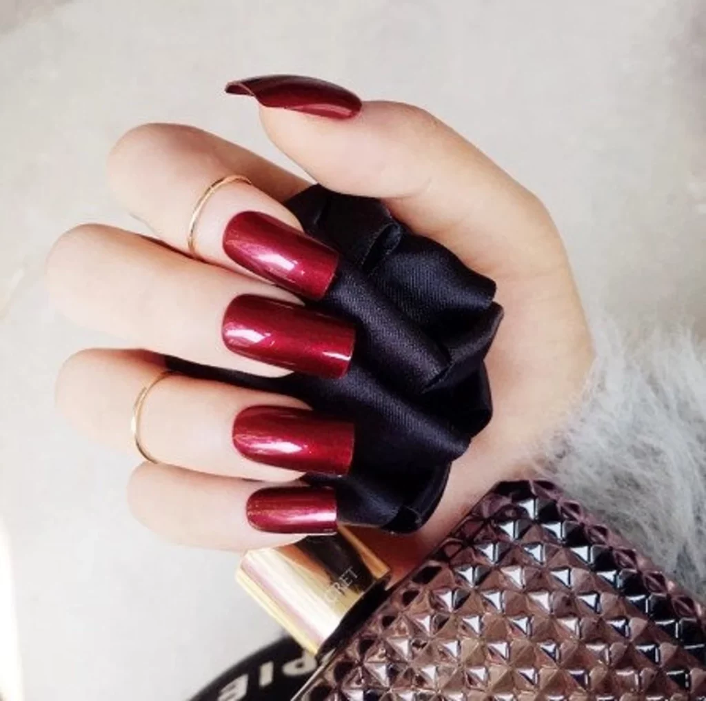 dark red metallic bridal square nail designs