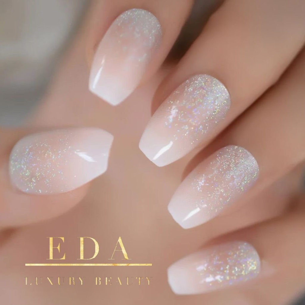 EDA LUXURY BEAUTY Natural Nude Pink Ombre White Shimmer French Press On Shiny False Nails