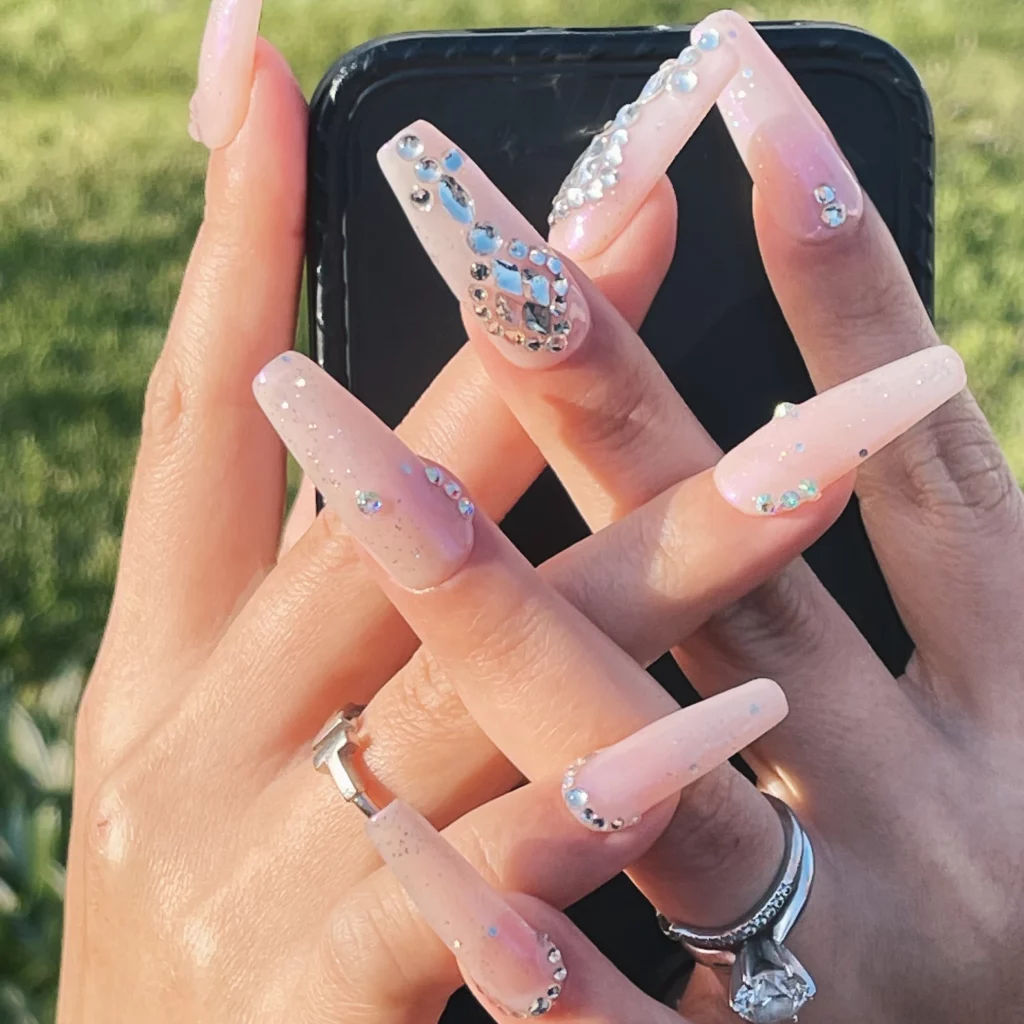 elegant pink rhinestone summer wedding nails ideas