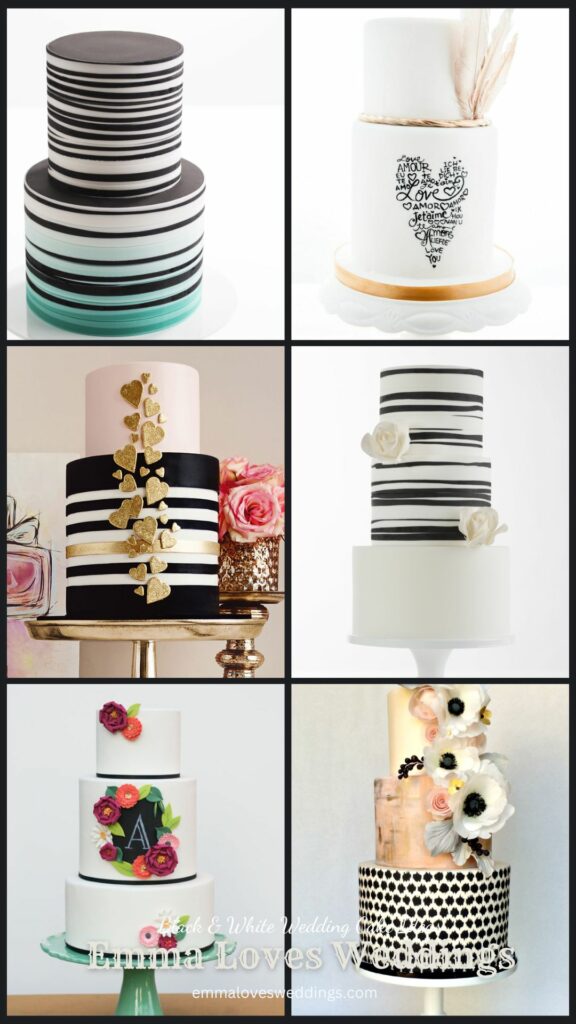 A black wedding cake with white and gold accents can be a beautiful idea