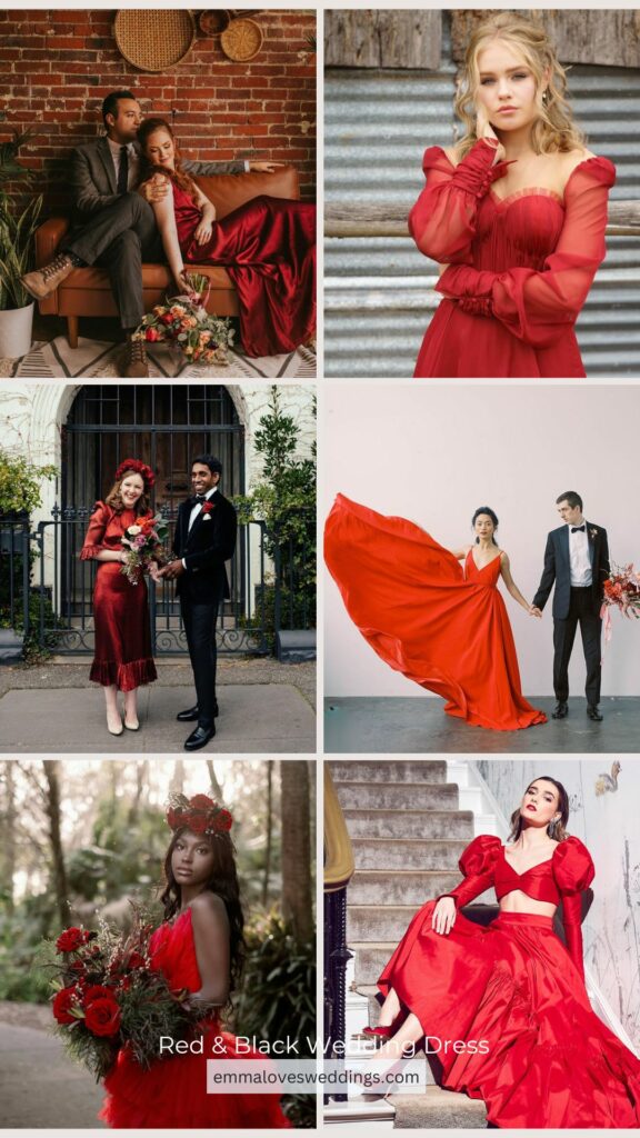 A bride in a sizzling red wedding dress and the groom in a black elegant tuxedo make quite the fashion statement