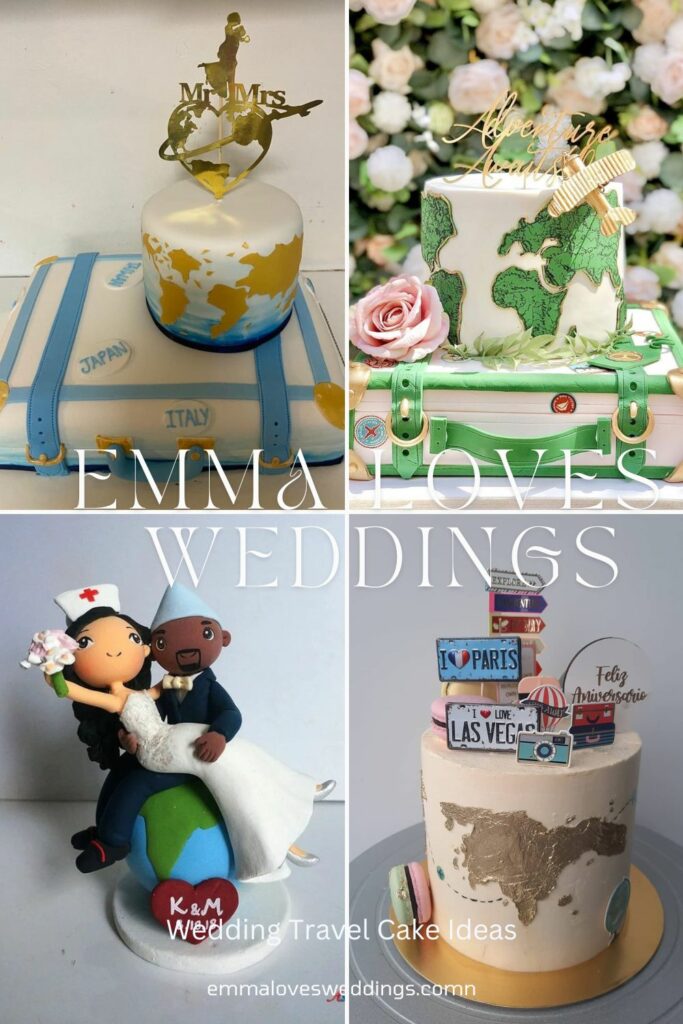 A chic wedding cake ideas for traveler featuring a golden accent and a couple seated on the globe