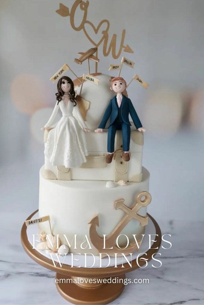 A delicious wedding cake with a travel theme and adorable toppers in the shape of a couple who enjoys traveling together.