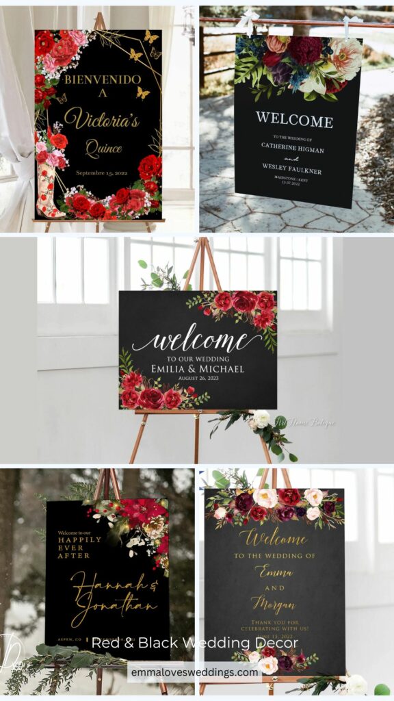 A simple black welcome sign adorned with red flowers and white lettering is a gorgeous way to greet guests