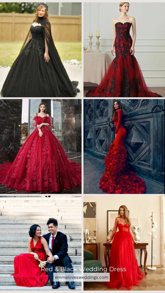 A stunning red and black wedding dress with lace appliques is a smart idea for the unique bride.