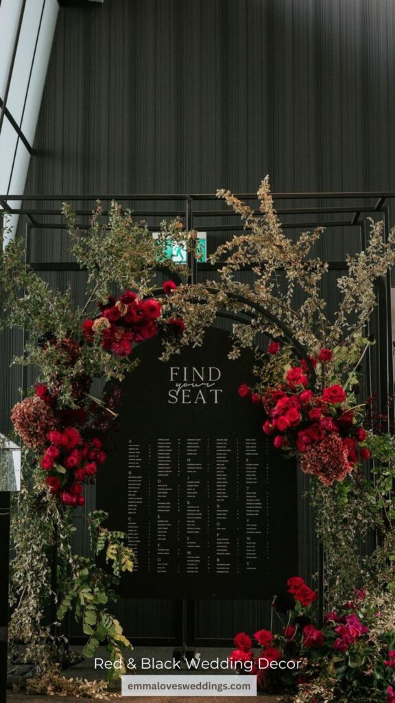 A stunning seating table chart for a dramatic red and black wedding theme
